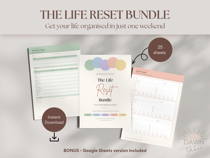 Digital product listing graphic for 'The Life Reset Bundle' by Dawn Grace, showing three Google Sheets templates: a 'Summary Budget', the main cover sheet, and a 'Life Reset' tracker. The graphic includes text overlays indicating '25 sheets' and 'Instant Download' on a soft gray background.