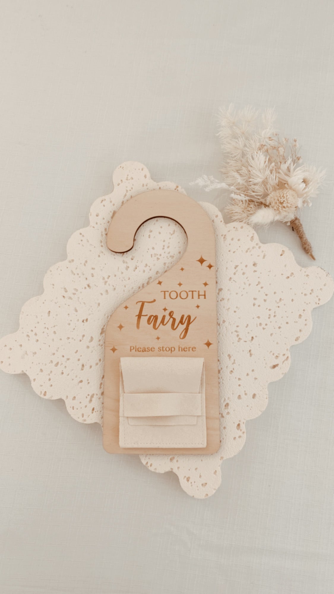 Wooden Tooth Fairy Door hanger with pouch