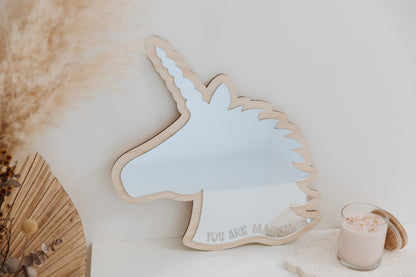 Unicorn mirror silver acrylic wooden backing with engraved mantra