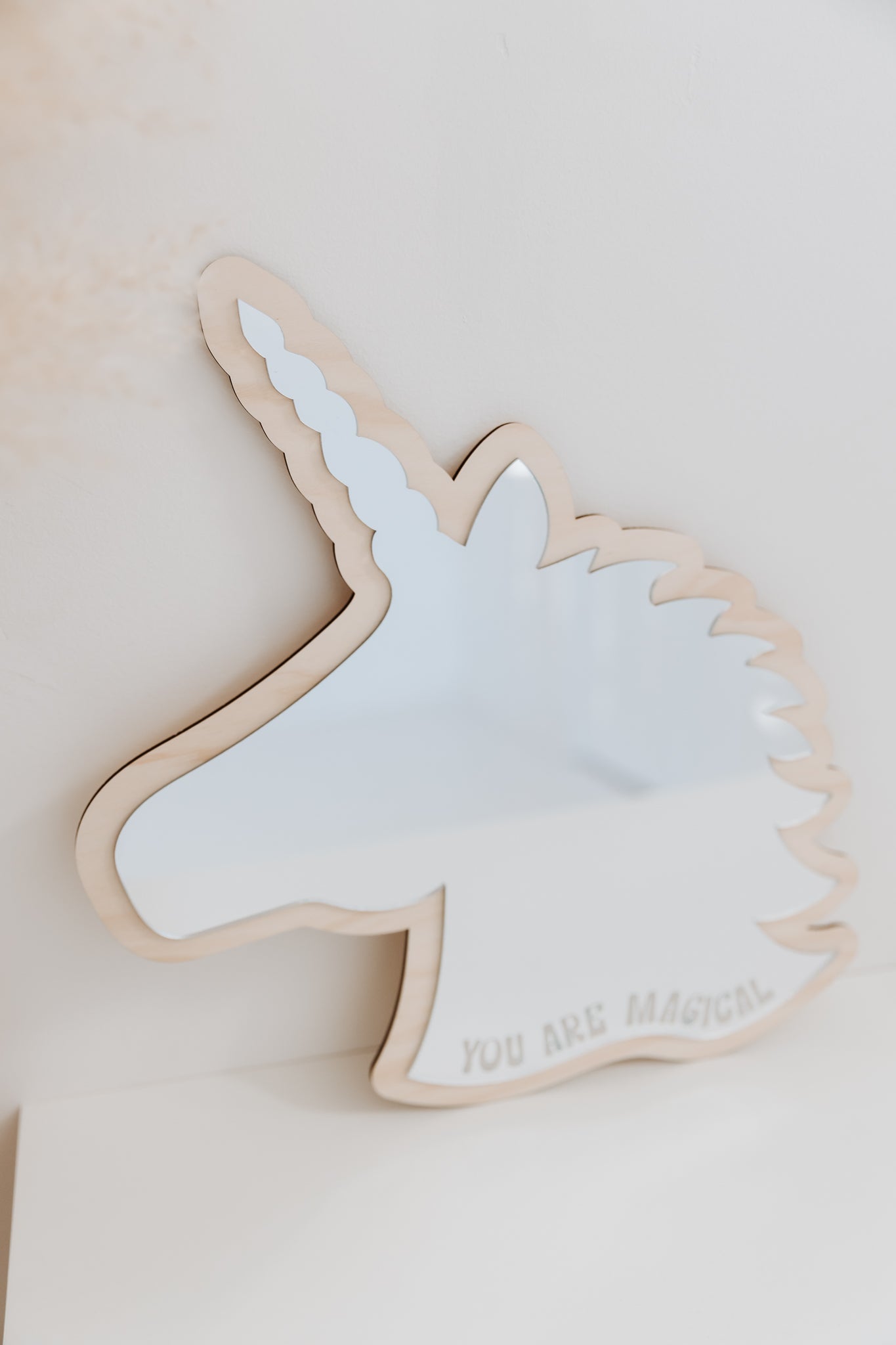 Unicorn mirror silver acrylic wooden backing with engraved mantra you are magical