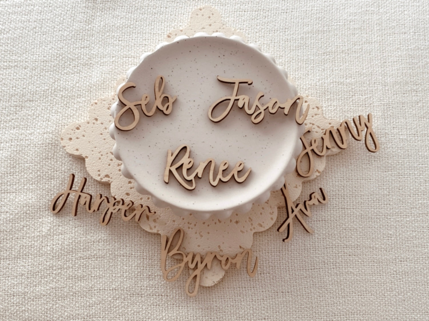 Wooden laser cut name place cards wedding table placement