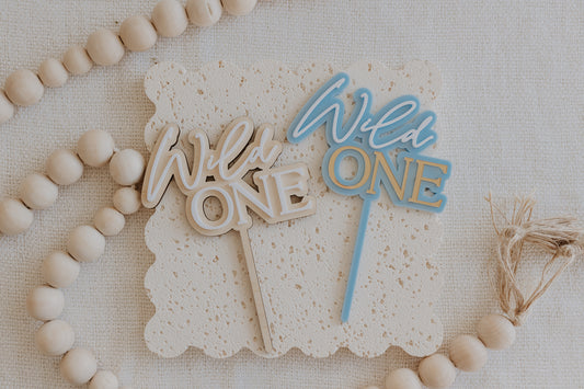 Wild One First Birthday Cake Topper Double Layer Acrylic and Pine