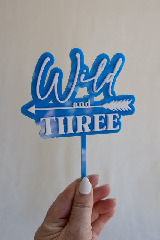 Wild and Three Third Birthday Cake Topper Double Layer Blue and white Acrylic