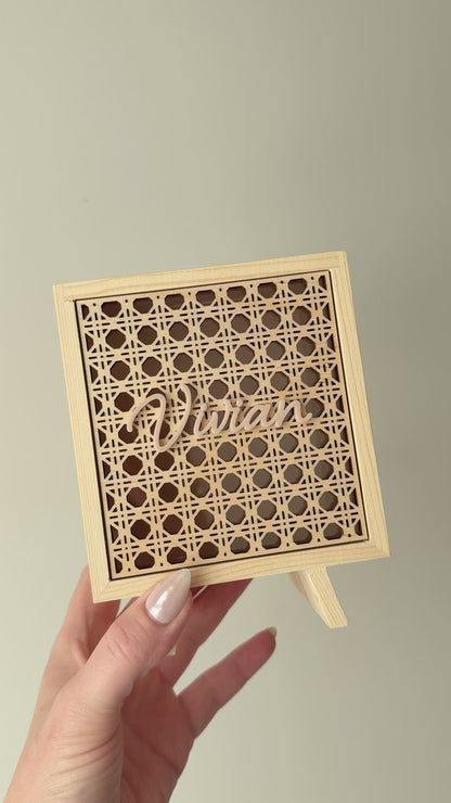 Money Box Piggy Bank Rattan Front Wood - personalised