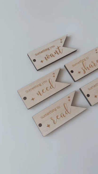 Mindful Present tags - Want, Need, Read, Wear, Share tags