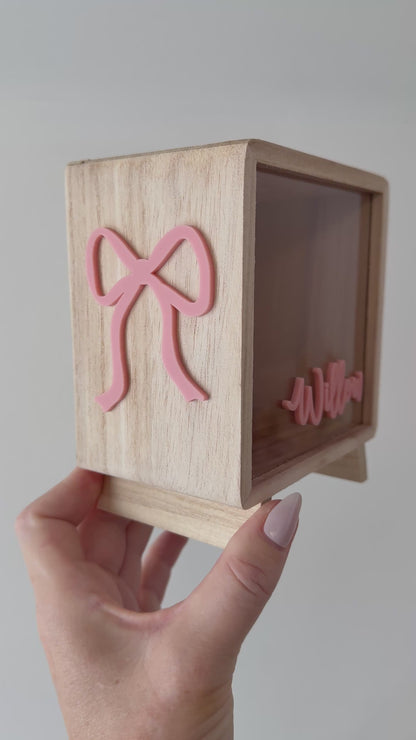 Money Box Piggy Bank Pink Ribbon Bow - personalised name