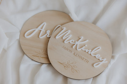 Kids Name Plaque for bedroom nursery. Pine and acrylic round name sign