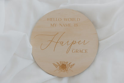 Hello World Baby Announcement Plaque - Flowers - Custom Name