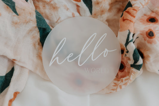 Hello World Baby Announcement plaque. Acrylic on Acrylic.
