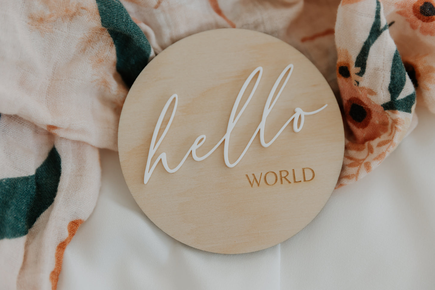 Hello World Baby Announcement plaque. Wooden and acrylic